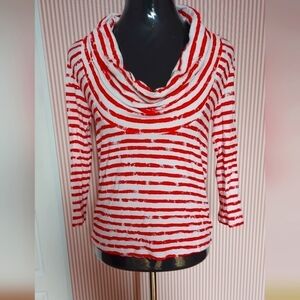 Coastal Grandmother Striped Cowl Neck Blouse Linea Domani 3/4 Sleeve Minimalist